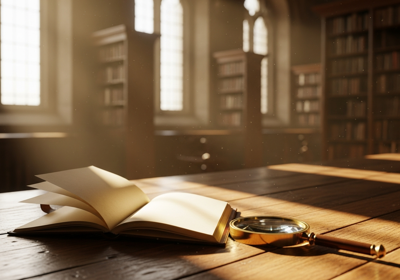 Light through library windows onto an open notebook