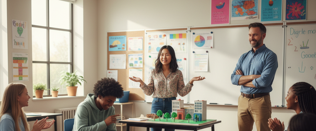 A teacher stepping back as students present their work