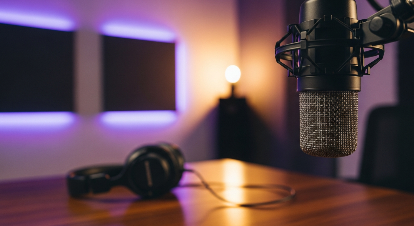 A broadcast microphone in a podcast studio